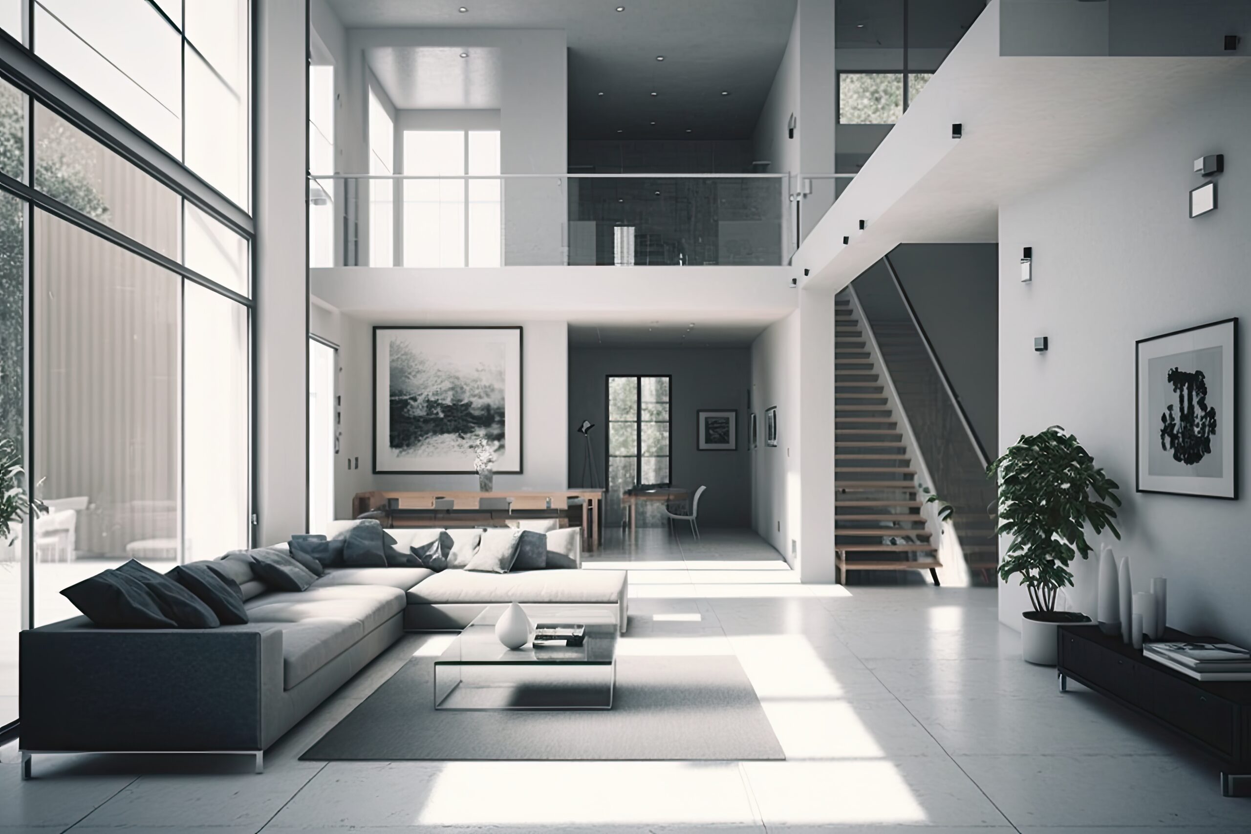 A greyscale shot of a modern apartment interior
